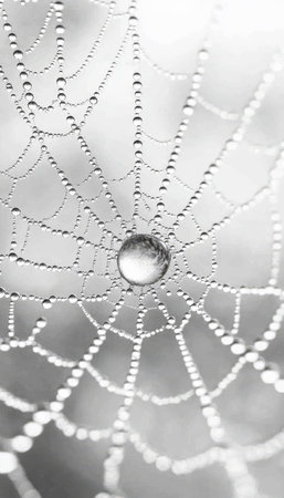 Black and White Spiderweb Glistening with Dew, Intricate Nature Photography, High Resolution Macroの素材