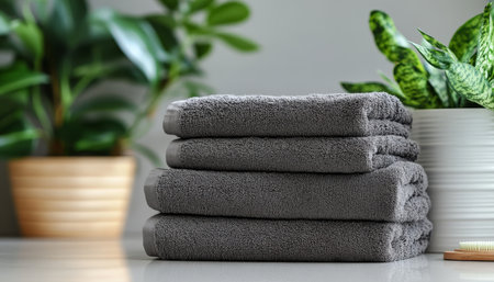 Soft and Absorbent Neat Stack of Gray Towels on Bathroom Counter, Spa Atmosphere with Plantsの素材