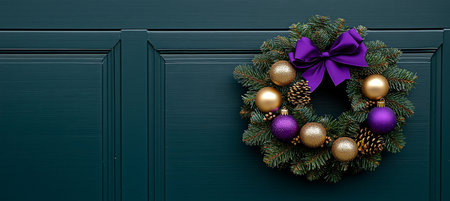 Luxury Christmas Wreath on Dark Blue Door, Purple and Gold, Festive Holiday Stock Image.の素材