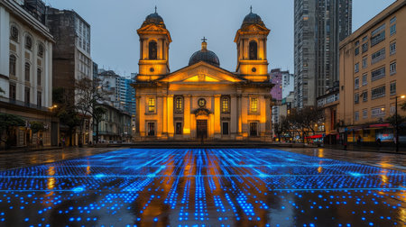 Historic Church Illuminated with Blue Lights and Digital Network Pattern, Urban Landscape, Brazilの素材