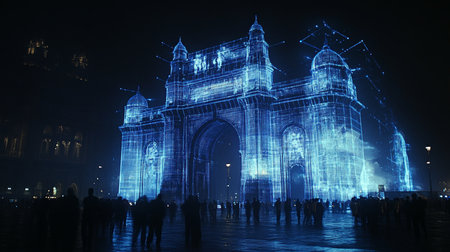 Gateway of India Mumbai, Digital Outline Architecture Landmark in Blue Network Style at Nightの素材