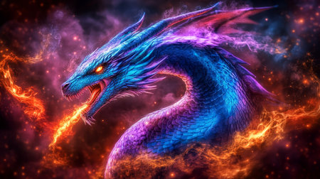 Fierce Blue Dragon with Glowing Eyes, Emitting Fire, Dramatic Lighting, Intricate Texturesの素材