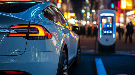 Electric Vehicle Charging at Night A Modern Urban Scene with Blurred City Lights Backgroundの素材