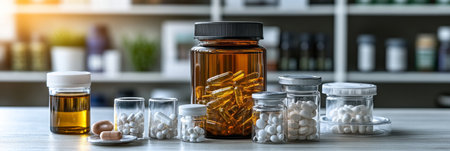 Pharmacy Drugstore Counter With Various Medications In Bottles And Jars On Table In Apothecaryの素材