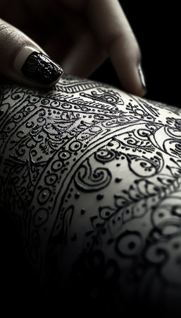 Intricate Henna Designs Gracefully Adorning a Woman s Hand, Cultural Beauty, Black and Whiteの素材