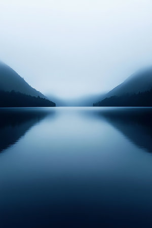 Serene Blue Lake with Misty Mountains, Calm Water Reflection, and Minimalist Landscapeの素材