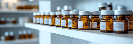 Pharmacy Shelf Stocked with Numerous Amber Prescription Medication Bottles in a Clinical Settingの素材