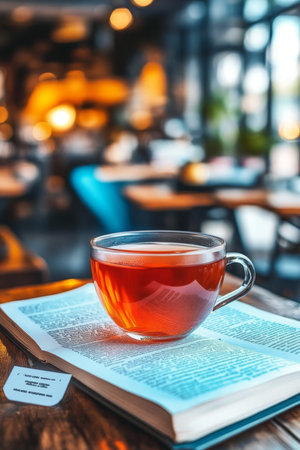 Steaming Cup of Tea and Open Book with Blurred Cafe Background,. Perfect for Text Overlayの素材