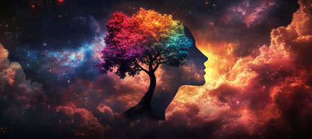 Colorful Tree Merging with a Human Profile Silhouette Against a Vibrant Galaxy Backgroundの素材