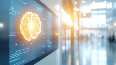 Modern Office Interior With Digital Display Showing Brain Symbol, Technology And Innovation Conceptの素材