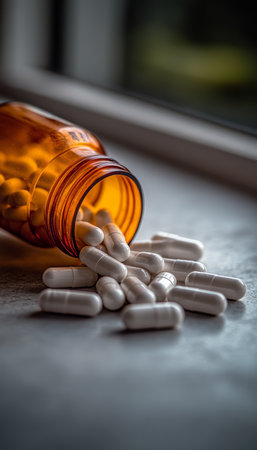 Spilled Prescription Pills. White Capsules Scattered From An Amber Pill Bottle On A Table Top.の素材