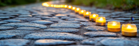 Cobblestone Path Gently Illuminated By a Winding Trail of Warm Glowing Candles in the Eveningの素材