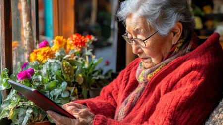 Elderly Woman Browsing on Digital Tablet by Sunny Window Surrounded by Vibrant Flowers.の素材