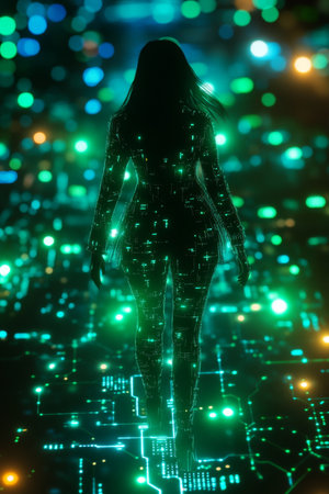 Silhouette of Woman Merging with Digital Circuitry Concept of Technology and Innovation.の素材