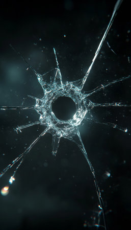Black Background. Fragmented Glass With Single Bullet Hole. Detailed Close-up Dynamic Cracks.の素材