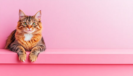 Curious Cat on Pink Adorable Feline Portrait With Ample Copy Space For Marketing Textの素材