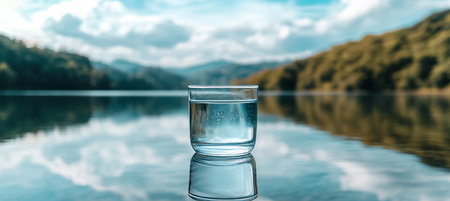 Glass of Refreshing Water with Tranquil Lake and Mountain Reflection Embracing Nature s Purityの素材
