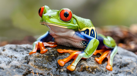 Curious Red-Eyed Tree Frog Explores a Lush Oasis, Vibrant Amphibian in its Natural Habitatの素材