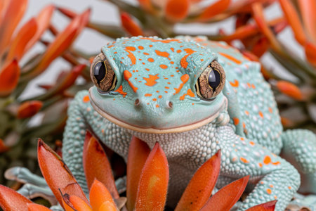 Curious Gecko in Vibrant Orange Tropical Flowers, Exotic Reptile Close Up, Wildlife Portraitの素材