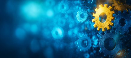Blue And Yellow Cogwheels Interlocking Gears, Manufacturing Industry Technology Conceptの素材