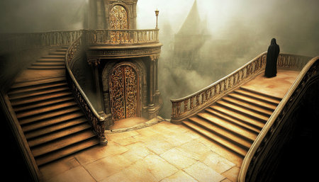 Mysterious Stairway to Enigmatic Doorway in Fantasy Castle, Architectural Photographyの素材