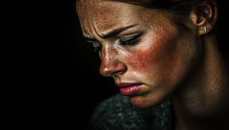 Close-up Portrait, Thoughtful Expression, Freckled Skin, Natural Beauty, Soft Lightingの素材