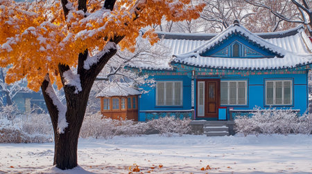 Charming Blue House with Snow Covered Yard, Golden Yellow Tree and Tranquil Winter Sceneryの素材
