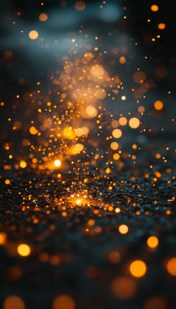 Golden Sparks Flying and Glowing on Dark Background Bokeh Effect, Abstract Festive Backgroundの素材