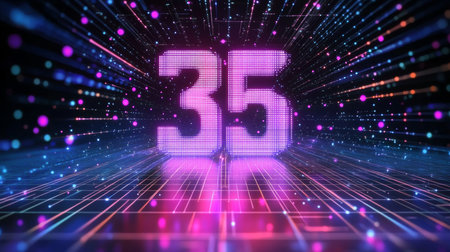 Glowing Big Digital Number 35 on a Futuristic Technology Background with Neon Lights and Particlesの素材