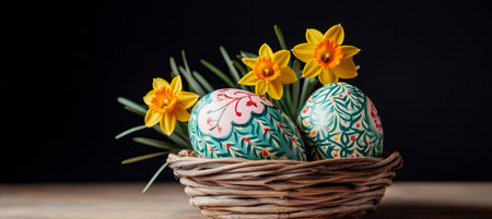Two Colorful Easter Eggs in Basket Nest with Yellow Daffodils Flowers on Rustic Tableの素材