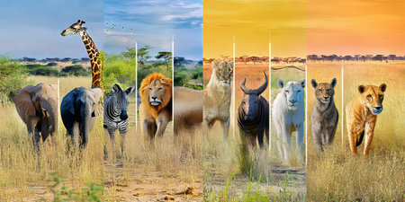 African wildlife collage, animals in their natural habitat, divided by white vertical lines.の素材