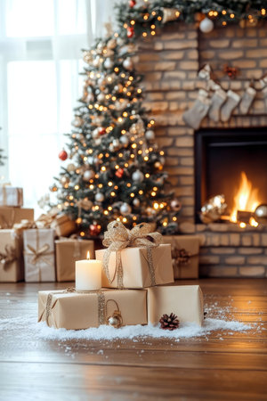 Christmas Gifts, Lit Candles, and Decorated Tree with Fireplace Cozy Holiday Home Interiorの素材