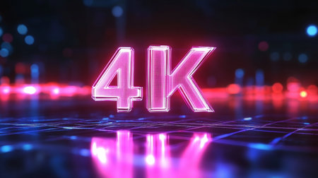 Glowing 4K Logo on Futuristic Digital Background, Technology and Entertainment Conceptの素材