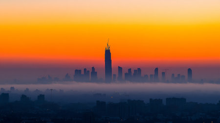 Jeddah City Skyline at Sunrise with Construction Tower Emerging from Morning Fog and Orange Sky.の素材