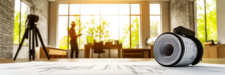 Blueprints, Plans, And A Contractor Tool At A Construction Site With Natural Daylightの素材