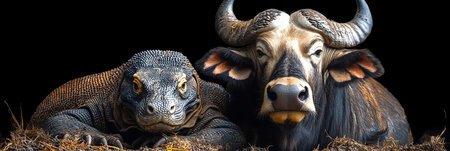 Komodo Dragon and Water Buffalo Portrait An Unlikely Pair on Black Backdrop for Wildlife Themeの素材
