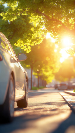 Sunlit Urban Street, White Electric Car, Green Trees, Summer Day, Open Space For Textの素材