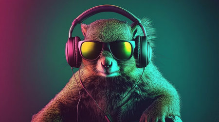 Close-up Portrait, Cool Neon Party DJ Squirrel Sporting Headphones and Stylish Sunglassesの素材