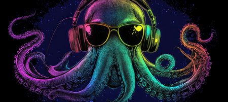 Psychedelic Octopus with Headphones and Sunglasses on a Cosmic Background. Vector Illustration.の素材
