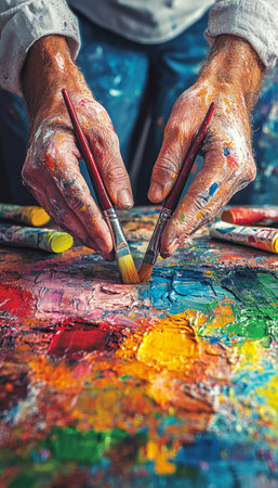 Artist s Hands Holding Paintbrushes Over Colorful Palette, Abstract Oil Painting Backgroundの素材
