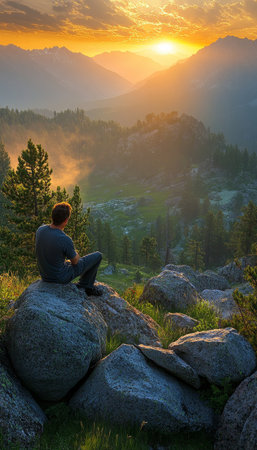 Finding Tranquility Man Contemplates Golden Sunset over Majestic Mountain Vista and Valleyの素材