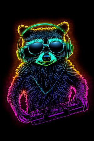 Neon Raccoon DJ Cool Animal Mixing Music, Party Vibes, Isolated Illustration on Black Backgroundの素材