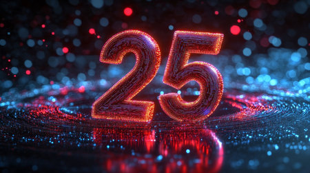 Glowing Number 25 on a Futuristic Abstract Background, 3D Rendering. celebration, anniversary.の素材