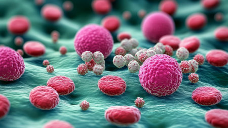 Microscopic View of Cancer Cells Proliferating Among Healthy Blood Cells, 3D Renderingの素材