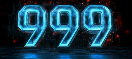 Glowing Digital 3D Number 999 in Futuristic Style on Abstract Background, Technology Conceptの素材