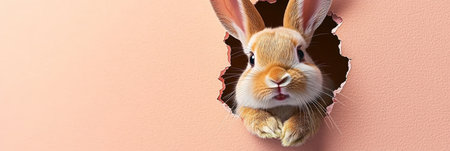 Cute Bunny Peeking from Pastel Wall. Fluffy Easter Rabbit Looking through Torn Hole, Banner.の素材