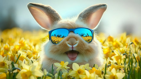 Adorable Easter Bunny Wearing Sunglasses Enjoys Springtime in a Field of Yellow Daffodilsの素材