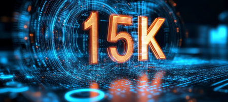 Glowing Digital 15K 3D Number in Futuristic Style on Digital Data Abstract Backgroundの素材