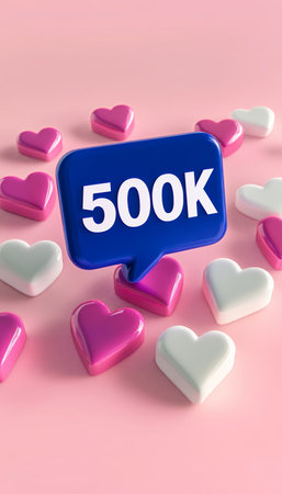500k Celebration With A Blue Speech Bubble Surrounded By Pink And White Hearts On Pink Backgroundの素材