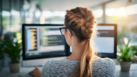 Female Coder Focuses on Dual Monitors, Building Innovative Software in Startup Environmentの素材